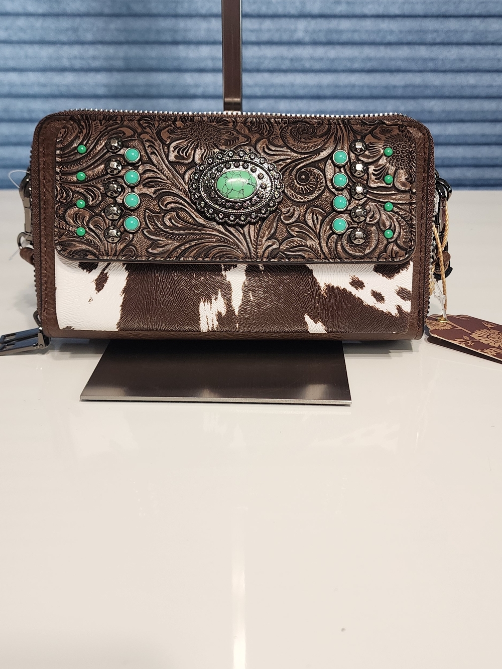 NWT Sam &Hadley Brown and White Western Embossed Wallet with Turquoise Accents